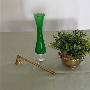 Vintage Green Glass Fluted Vase with swirl base 1960-70. H 10 in Dia 2.5 in
